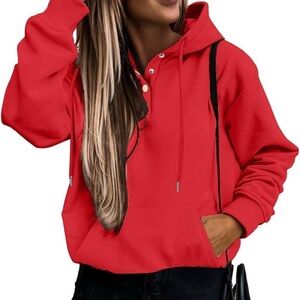 Women's Hoodies Pullover Sweatshirts Button Up Long Sleeve Tops Drawstring 2XL